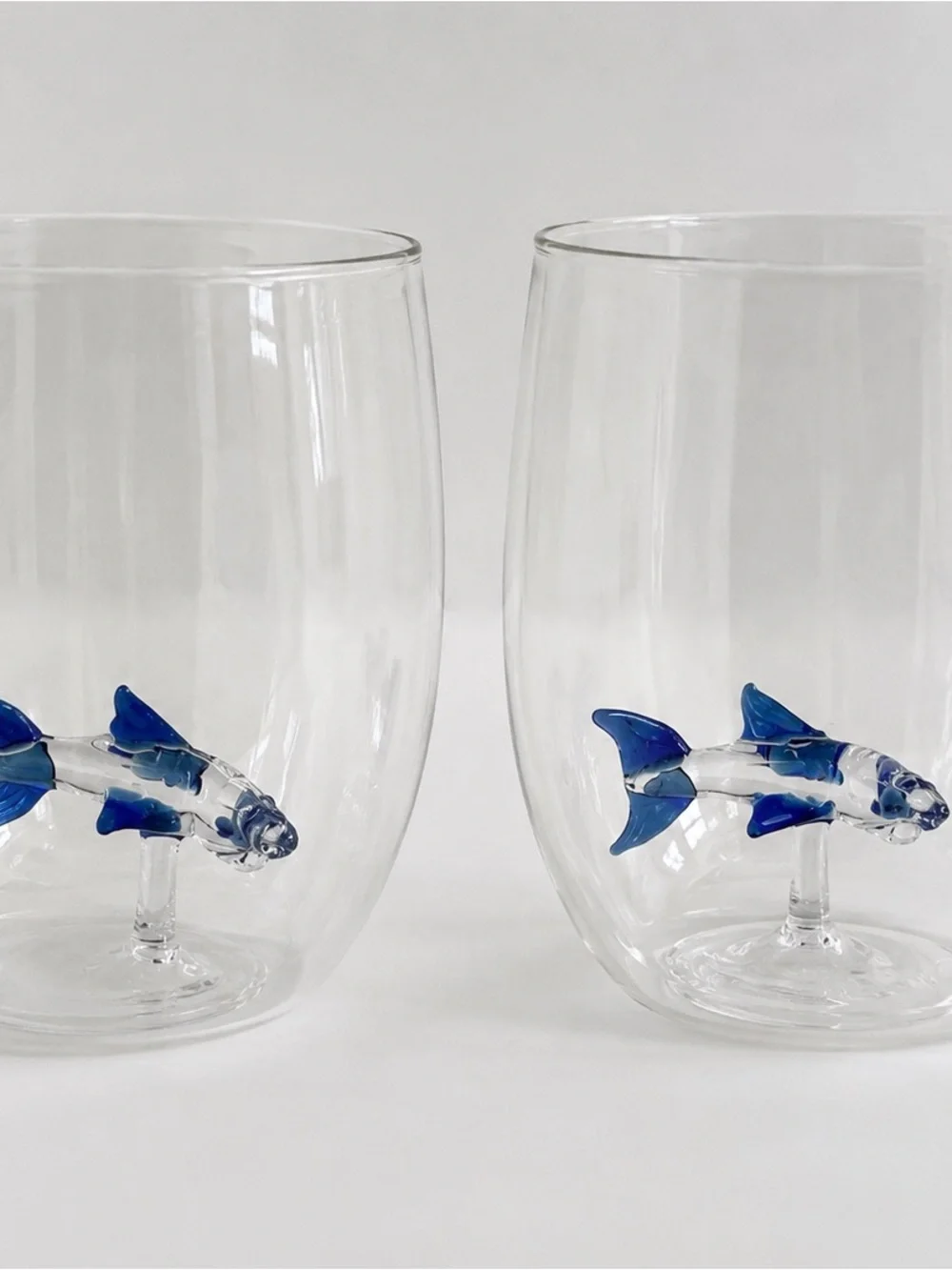 Stemless Wine Glass with Blue Fin Shark Blown Glass Accent Bar Glasses